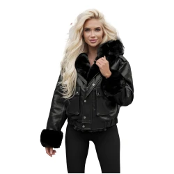 Moteriška juodos spalvos odinė striukė su kailiuku Dersi