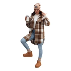 Moteriškas rudas marškinių stiliaus švarkas Plaidify