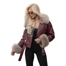 Moteriška odinė bordo spalvos striukė su rusvu kailiuku Elis