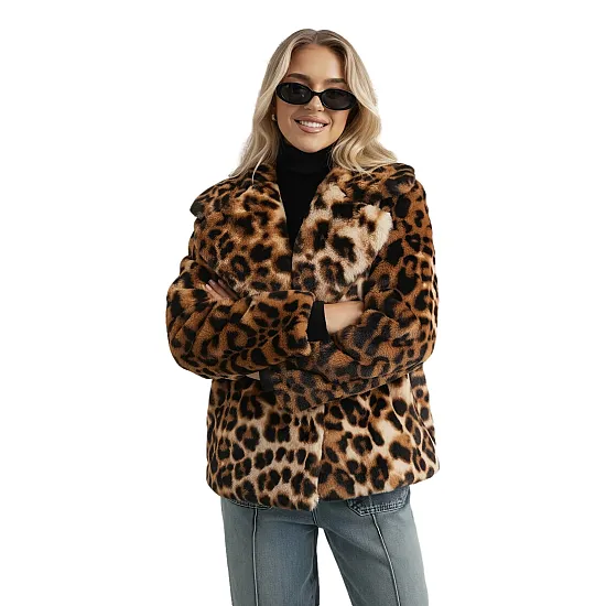 Moteriška ruda kailinė striukė su gyvūniniu raštu Leopard Moteriškos striukės
