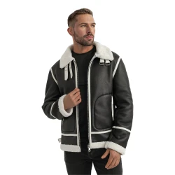 Vyriška juoda odinė striukė su baltu kailiu Capri