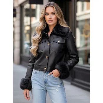 Women’s black leather jacket with fur trim Portal