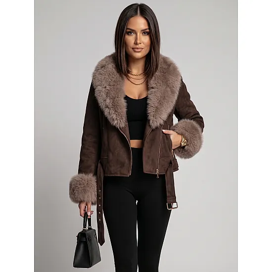Loren Women's Dark Brown Winter Jacket with Fur Trim