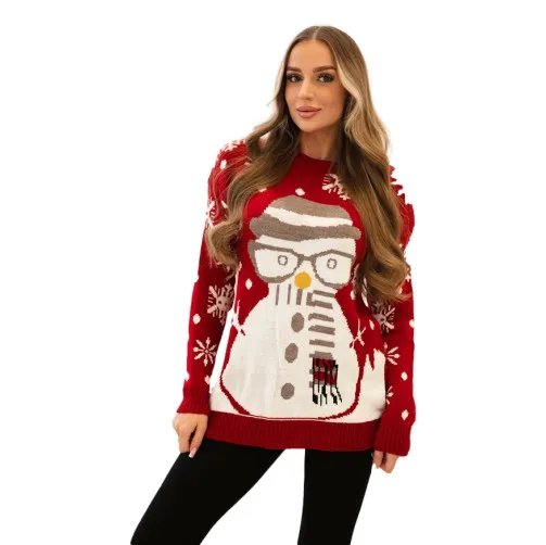 Moteriškas raudonas kalėdinis megztinis Snowman