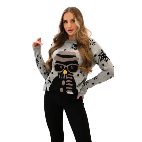 Moteriškas pilkas kalėdinis megztinis Snowman