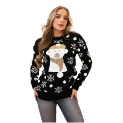 Moteriškas juodas kalėdinis megztinis Bear