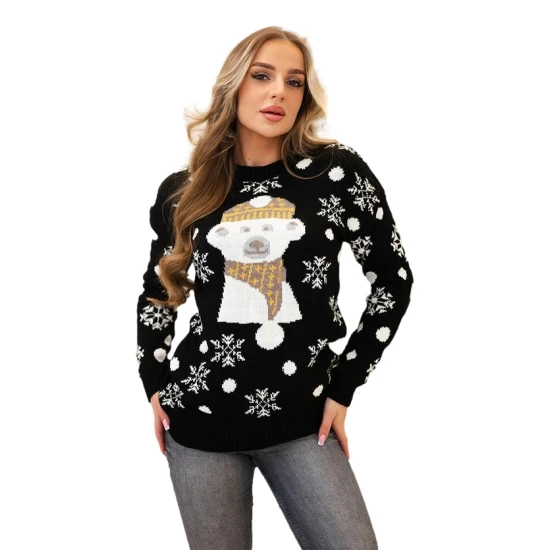 Moteriškas juodas kalėdinis megztinis Bear