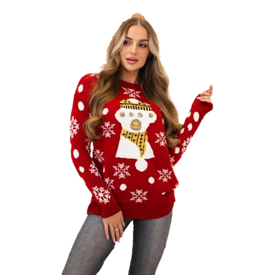 Moteriškas raudonas kalėdinis megztinis Bear