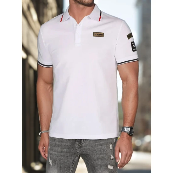 Vyriški polo marškinėliai su lopais balti Army PX0635