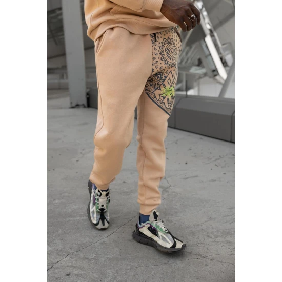 Smėlio spalvos su juodomis detalėmis vyriškos sportinės kelnės Soly PK3046 Premium