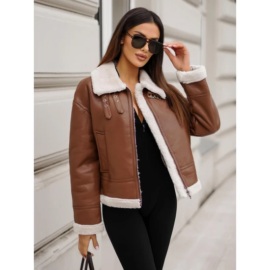 Moteriška ruda odinė striukė su kailiuku Maria JS/11Z8176