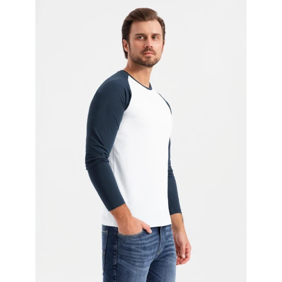 Vyriški balti/tamsiai mėlyni marškinėliai ilgomis rankovėmis Artur V1 OM-LSCL-0105