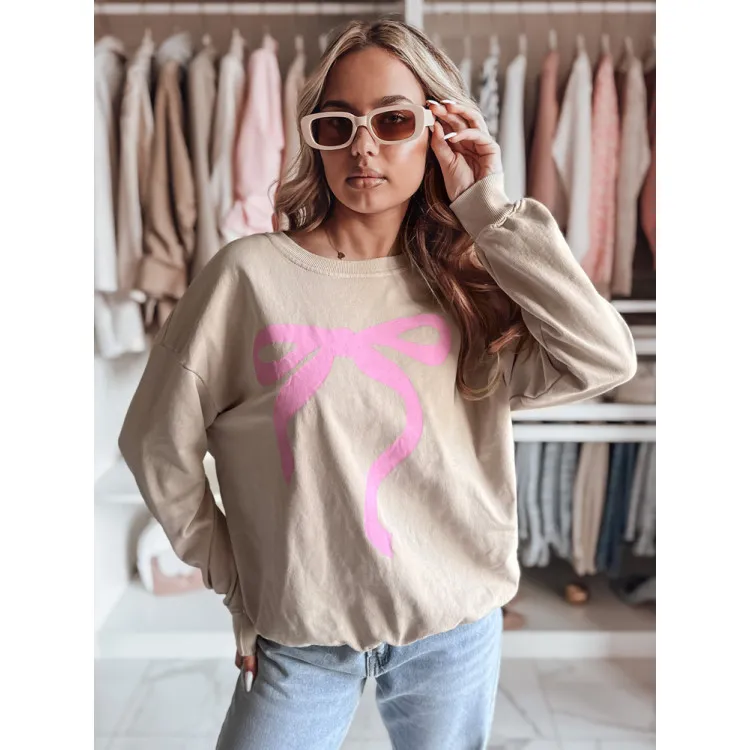 Women's brown sweater with pink ribbon Cute BY1357