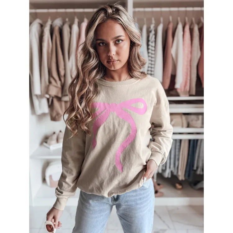 Women's brown sweater with pink ribbon Cute BY1357