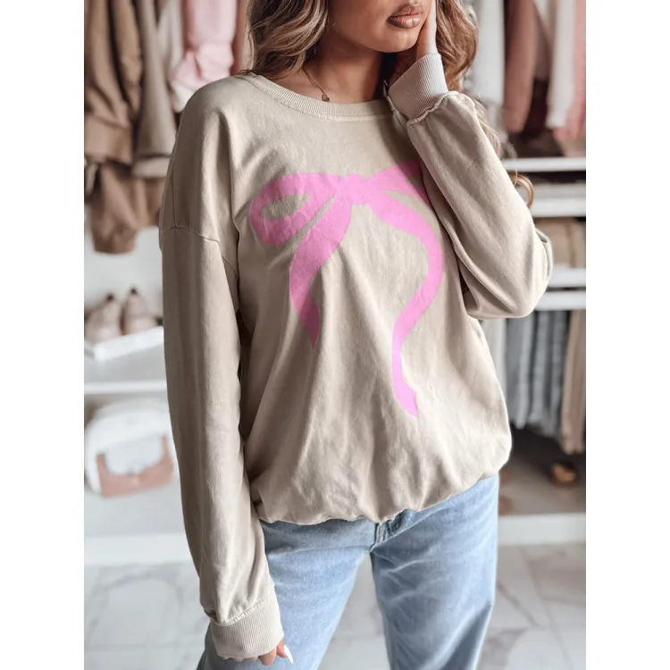 Women's brown sweater with pink ribbon Cute BY1357