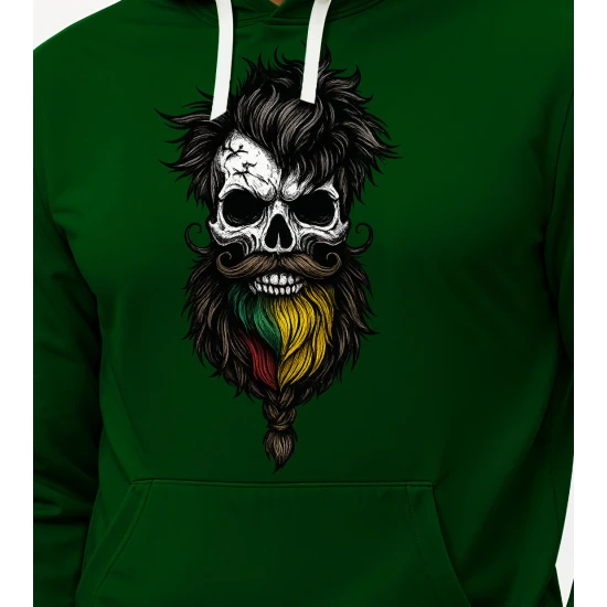 Tamsiai žalias džemperis su gobtuvu Kaukolė suveltais plaukais PK4013