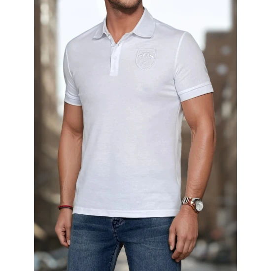 Vyriški baltos spalvos polo marškinėliai su logotipu Emb PX0627