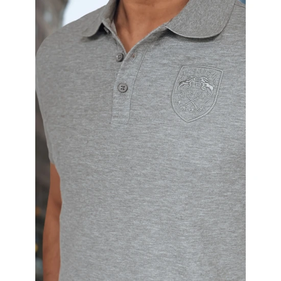 Vyriški pilkos spalvos polo marškinėliai su logotipu Emb PX0626