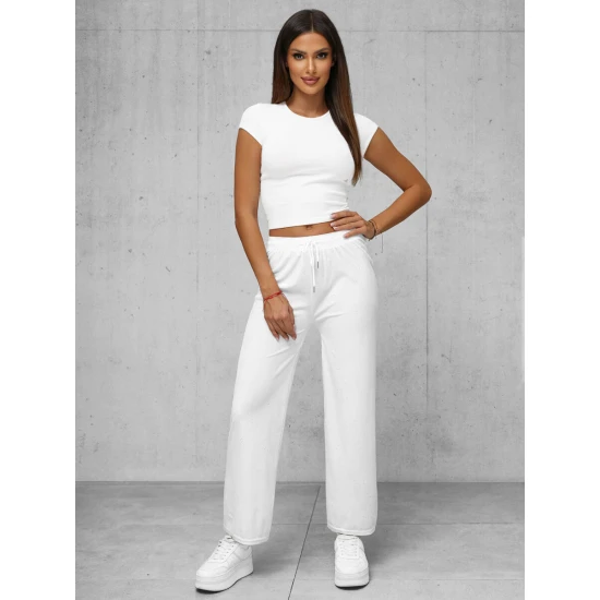 Moteriškos baltos plačios aksominės kelnės Metal Kelnės