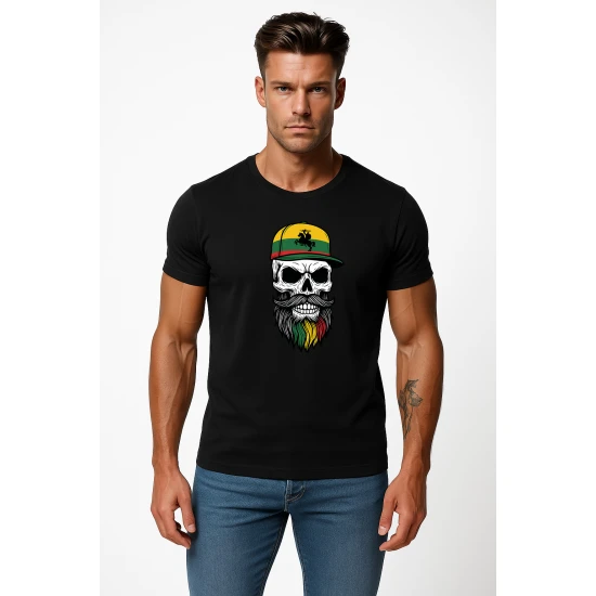 Vyriški juodi marškinėliai Kaukolė su kepure PK4016