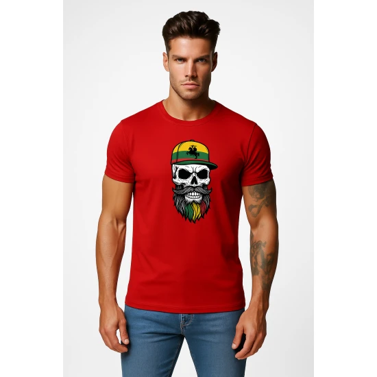 Vyriški raudoni marškinėliai Kaukolė su kepure PK4016