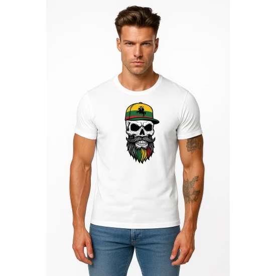 Vyriški balti marškinėliai Kaukolė su kepure PK4016
