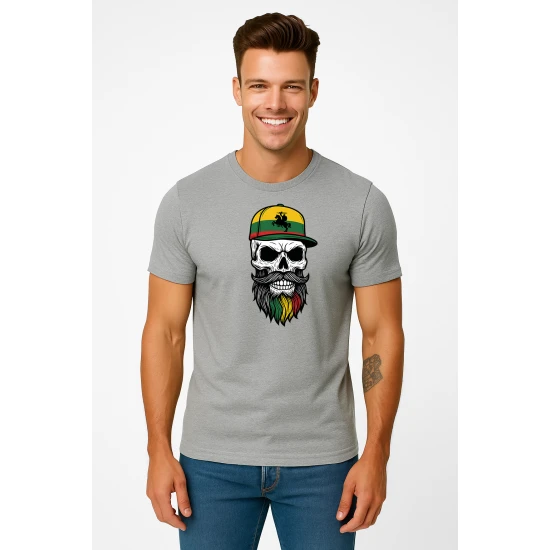 Vyriški šviesiai pilki marškinėliai Kaukolė su kepure PK4016