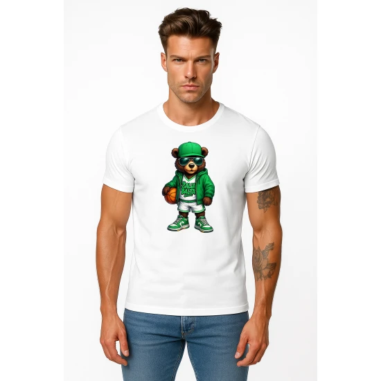 Vyriški balti marškinėliai Meškinas su kamuoliu-džemperiu PK4019