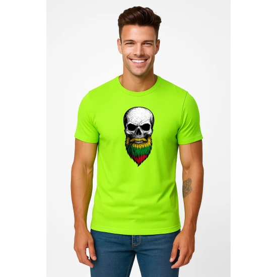 Vyriški neoniniai žali marškinėliai Kaukolė su barzda PK4015