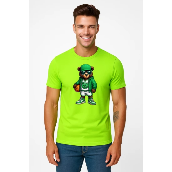 Vyriški žali neoniniai marškinėliai Meškinas su kamuoliu-džemperiu PK4019