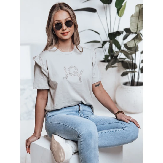 Moteriški šviesiai pilki marškinėliai Joy Marškinėliai su užrašais