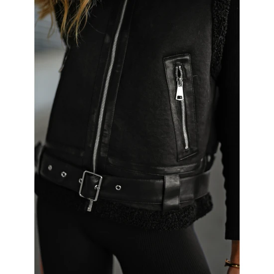 Moteriška juoda odinė liemenė Pixel Moteriškos liemenės