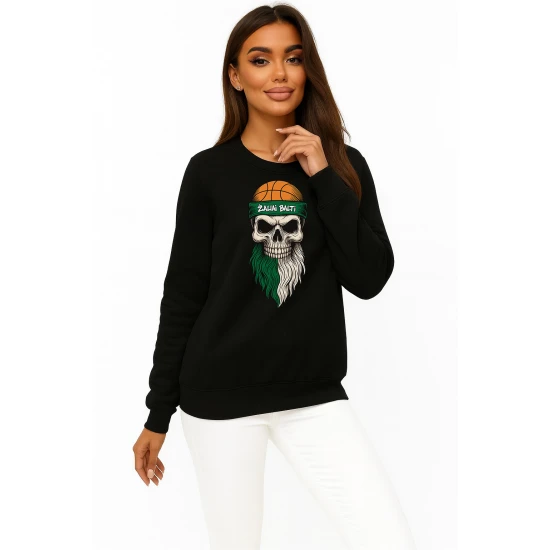 Moteriškas juodas džemperis be gobtuvo Žaliai balti Džemperiai be gobtuvo