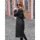 Moteriškas juodas ilgas odinis paltas su dirbtiniu kailiu Emil Striukės