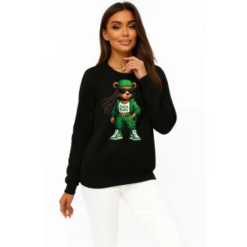 Moteriškas juodas džemperis be gobtuvo Meškutė