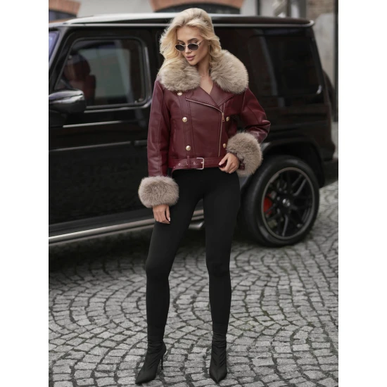 Moteriška odinė bordo spalvos striukė su rusvu kailiuku Elis Moteriškos striukės