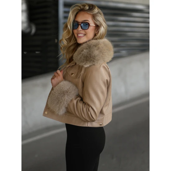 Moteriška rusva odinė striukė su kailiuku Portal Moteriškos striukės