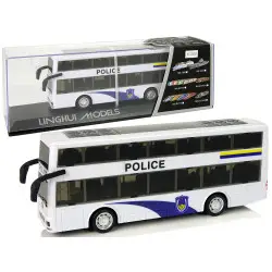 Baltas dviaukštis policijos autobusas