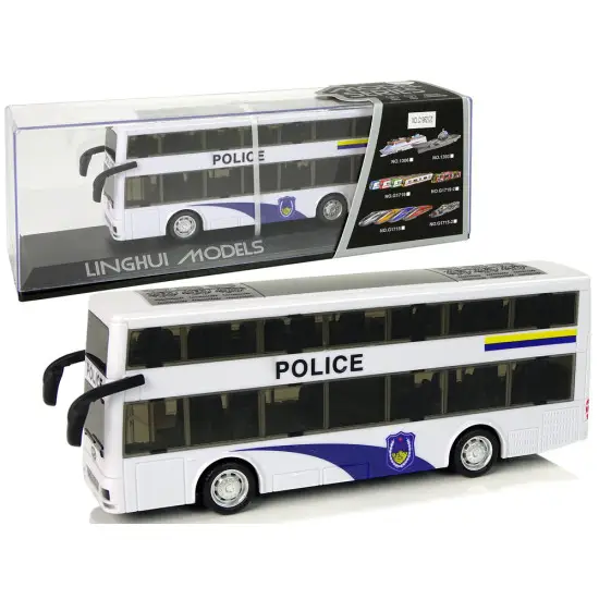 Baltas dviaukštis policijos autobusas Tarnybiniai automobiliai