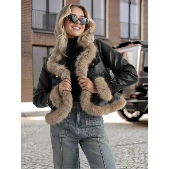 Moteriška juoda odinė striukė su kailiu Bali Moteriškos striukės