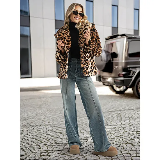 Moteriška ruda kailinė striukė su gyvūniniu raštu Leopard Moteriškos striukės