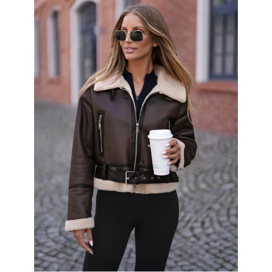 Moteriška tamsiai ruda odinė striukė Alani Striukės