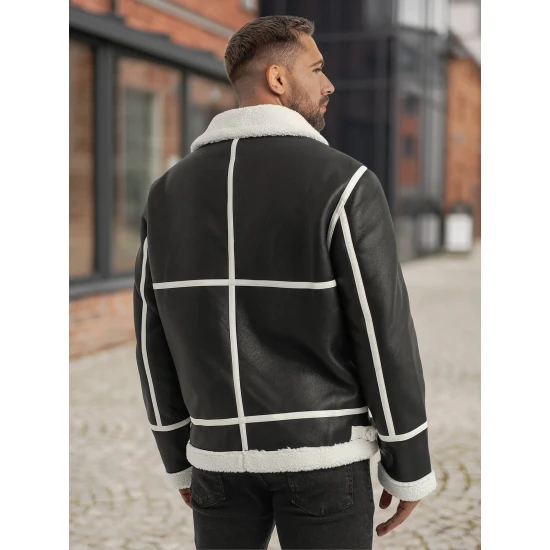 Vyriška juoda odinė striukė su baltu kailiu Capri Odinės striukės