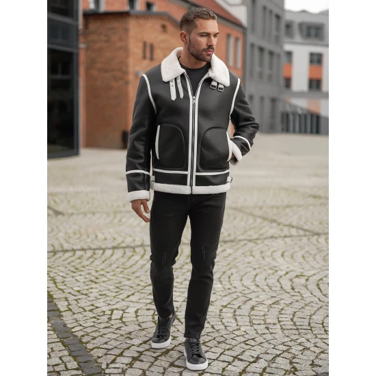 Vyriška juoda odinė striukė su baltu kailiu Capri Odinės striukės