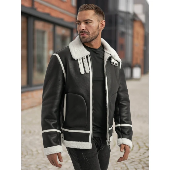 Vyriška juoda odinė striukė su baltu kailiu Capri Odinės striukės