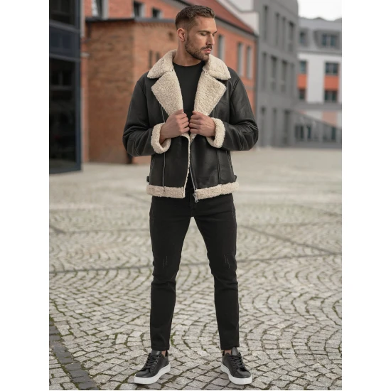 Vyriška juoda odinė striukė su kailiu Odinės striukės