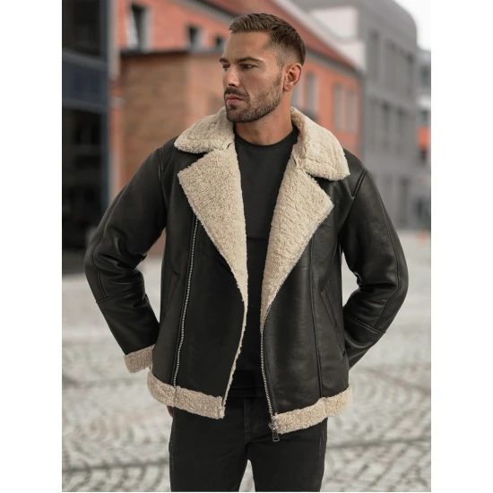 Vyriška juoda odinė striukė su kailiu Odinės striukės