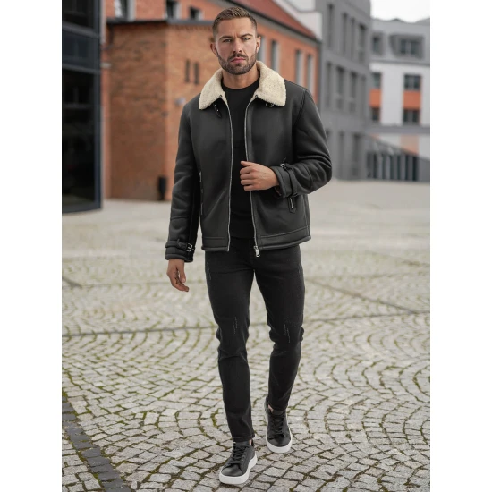 Vyriška juoda odinė striukė su kailiumi Andy Odinės striukės