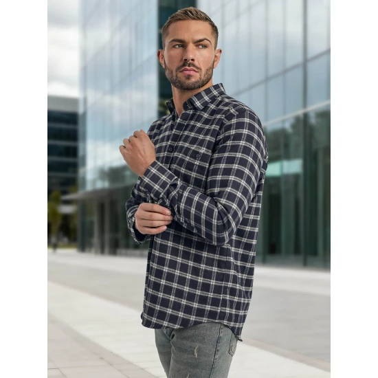 Vyriški tamsiai mėlyni languoti marškiniai Marino Marškiniai