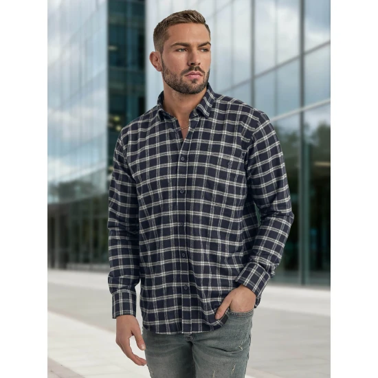 Vyriški tamsiai mėlyni languoti marškiniai Marino Marškiniai